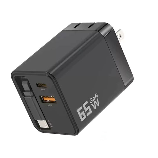Cargador GaN 65W 3 en 1 con Cable USB-C Retráctil — Carga Rápida PD