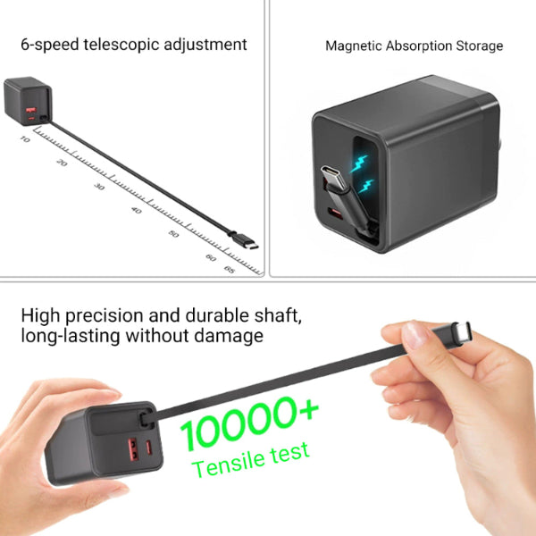 Cargador GaN 65W 3 en 1 con Cable USB-C Retráctil — Carga Rápida PD