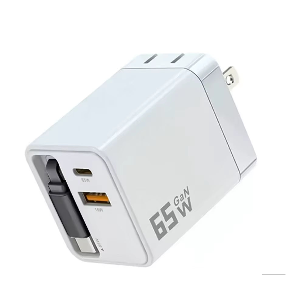 Cargador GaN 65W 3 en 1 con Cable USB-C Retráctil — Carga Rápida PD