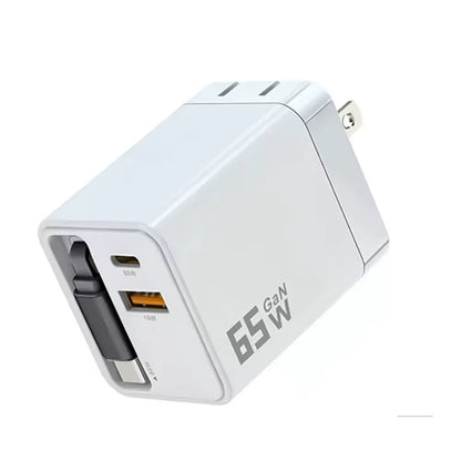 Cargador GaN 65W 3 en 1 con Cable USB-C Retráctil — Carga Rápida PD